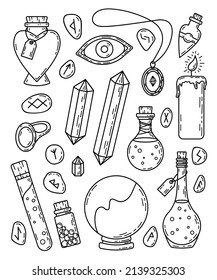 Juego de brujas en línea con pociones, cristales, pistas, anillo, pendiente, velas, bola de cristal, ojo todo avistador