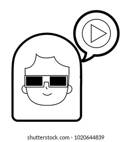 line woman with 3d glasses and video inside chat bubble