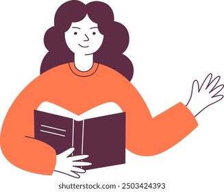 Line Woman Character Reading Book Vector Illustration