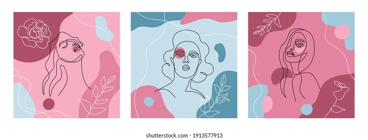 Line Woman Face. Abstract Flowers And Face Graphic Print, One Line Bloom Sketch. Vector Art