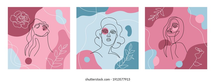 Line woman face. Abstract flowers and face graphic print, one line bloom sketch. Vector art