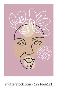 Line woman face portrait with spring flowers, creative freehand composition in contemporary abstract style with colorful geometric shapes. Linear illustration design for print, card, poster