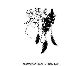 line Woman Face with Rose Flower. Sculpture illustration with Roses and feather. Hand Drawn Design elements. Vector Graphic for t-shirt Prints, Posters, Card etc.