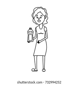 line woman hairstyle with bottle soap in the hands