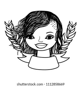 line woman hairstyle with branches leaves and ribbon