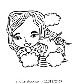 line woman hairstyle and cute unicorn with clouds