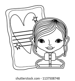 line woman and letter with heart and stars decoration