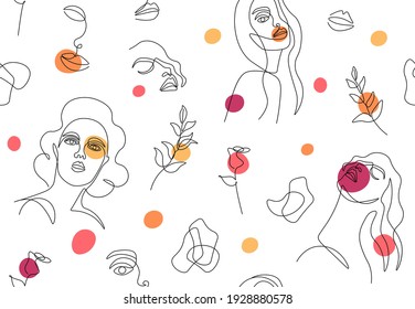 Line woman pattern. Abstract seamless line art sketch, human face of continuous line. Vector modern hand drawn fashion design