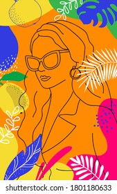 Line woman portrait, creative freehand composition in contemporary abstract style with and tropical leaves.Illustrations design for print, card, poster.