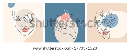 Line woman vector background set in linear art. Fashion templates with female faces, flower, hand, moon, star, color texture elements in modern simple outline style. Beauty girl layouts design