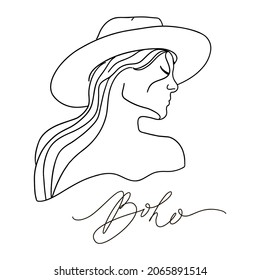 Line woman wall art. Woman with hat. Boho outfits. Contemporary portrait. Abstract Line vector drawing