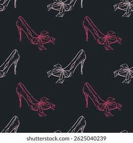 Line Women shoes on black background. Pattern coquette elegant shoe with a bow. For textiles, packaging, wallpapers, postcards or covers.
