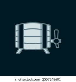 Line Wooden barrel icon isolated on black background. Alcohol barrel, drink container, wooden keg for beer, whiskey, wine. Flat filled outline style with shadow. Vector