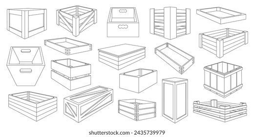 Leine Holzkisten. Geschlossenes und offenes Holzkistenpaket, traditioneller Holzkorb und Schublade für die Lagerung, Holzverpackung Vektor-Set von Holzkiste Objekt-Illustration