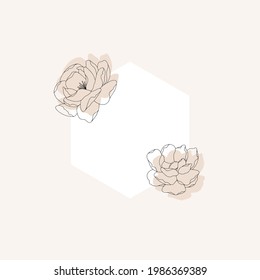 banner vectorial de flor de trabajo de línea con figura geométrica blanca en fondo beige.