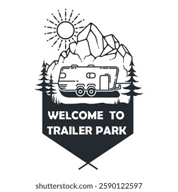 Line work illustration trailer park, van with mountain trees and sun