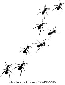 Una línea de hormigas obreras marchando en busca de comida. Ilustración del vector aislada en fondo blanco