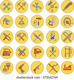Line working color tools for construction, building and home repair icons set. Vector illustration. Equipment. Elements. Industrial style. Hand work tools collection.