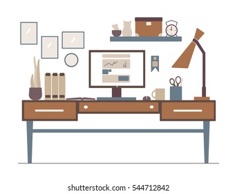 Line workplace in flat style interior. Outline illustration of modern working creative space.