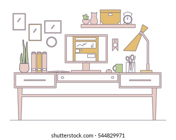 Line workplace in flat style interior. Outline illustration of modern working creative space.