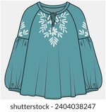 A LINE WOVEN TOP WITH LONG RAGLAN SLEEVES DETAIL BOHEMIAN TOP DESIGNED FOR TEEN AND KID GIRLS IN VECTOR ILLUSTRATION FILE