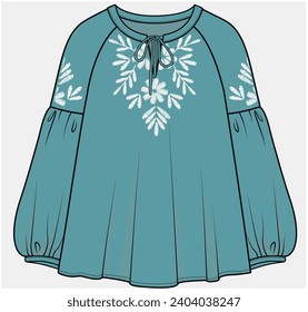 A LINE WOVEN TOP WITH LONG RAGLAN SLEEVES DETAIL BOHEMIAN TOP DESIGNED FOR TEEN AND KID GIRLS IN VECTOR FILE