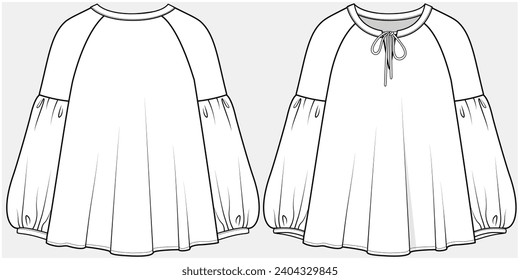 UNA LÍNEA HERIDA EN LA PARTE SUPERIOR CON LARGAS MANGAS DE RAGLAN DETALLE BOHEMIANA EN LA PARTE SUPERIOR DISEÑADA PARA NIÑAS Y ADOLESCENTES EN ARCHIVO DE ILUSTRACIÓN DE VECTOR