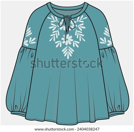A LINE WOVEN TOP WITH LONG RAGLAN SLEEVES DETAIL BOHEMIAN TOP DESIGNED FOR TEEN AND KID GIRLS IN VECTOR FILE