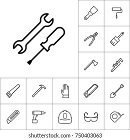 line wrench and screwdriver icon on white background, constructi