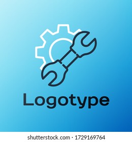 Line Wrench spanner and gear icon isolated on blue background. Adjusting, service, setting, maintenance, repair, fixing. Colorful outline concept. Vector Illustration