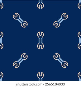 Line Wrench spanner icon isolated seamless pattern on blue background. Spanner repair tool. Service tool symbol.  Vector