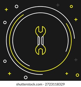 Icono de llave inglesa de línea aislado sobre fondo negro. Herramienta de reparación de llave. Símbolo de la herramienta de servicio. Concepto de contorno colorido. Vector