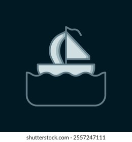 Line Yacht sailboat or sailing ship icon isolated on black background. Sail boat marine cruise travel. Flat filled outline style with shadow. Vector