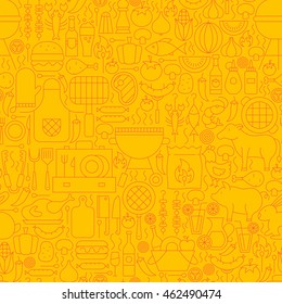 Line Yellow Barbecue Tile Pattern. Vector Illustration of Outline Tile Background. Grill Menu.