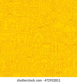 Line Yellow Camp Seamless Pattern. Vector Illustration of Outline Tile Background. Summer Camping.