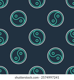 Line Yin Yang symbol of harmony and balance icon isolated seamless pattern on black background.  Vector