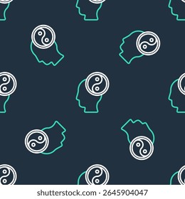Linha Yin Yang símbolo de harmonia e equilíbrio ícone isolado sem emenda padrão no fundo preto.  Vetor