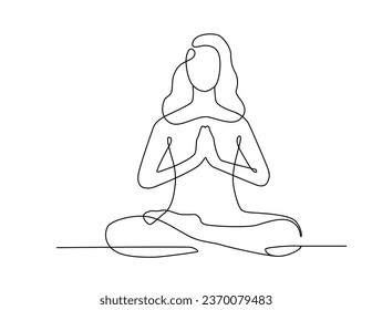 Line yoga drawing. Woman sitting in lotus pose, yoga meditation exercise