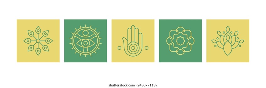 Line Yoga and Meditation Spiritual Sign on Green Square Vector Set