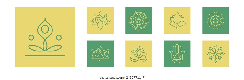 Line Yoga and Meditation Spiritual Sign on Green Square Vector Set