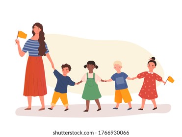 Line of young kids playing follow my leader behind their teacher in kindergarten class, colored vector illustration