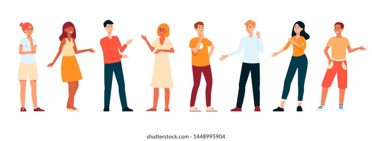 Line of young people standing and talking, flat cartoon character set isolated on white background, hand drawn men and women having a discussion, vector illustration