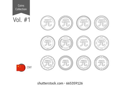 Line Yuan coin vector. Isolated on white background. Simple thin line coin icons set for websites, web design, mobile app, infographics.