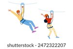 line zipline  vector.  park rope, zip harness, family outline line zipline character. people flat cartoon illustration