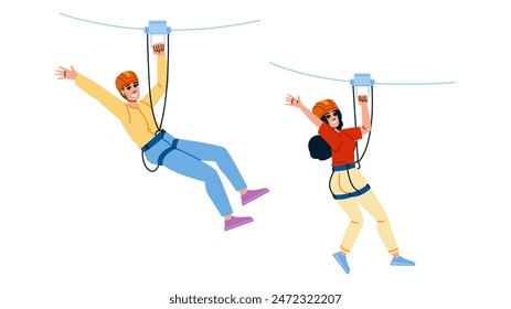 Linie Zipline Vektorgrafik. Parkseil, Reißverschlussgeschirr, Familie Umrisslinie Zipline Charakter. Menschen flach Cartoon Illustration