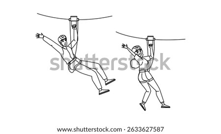 line zipline vector. park rope, zip harness, family outline line zipline character. people black line pencil drawing illustration