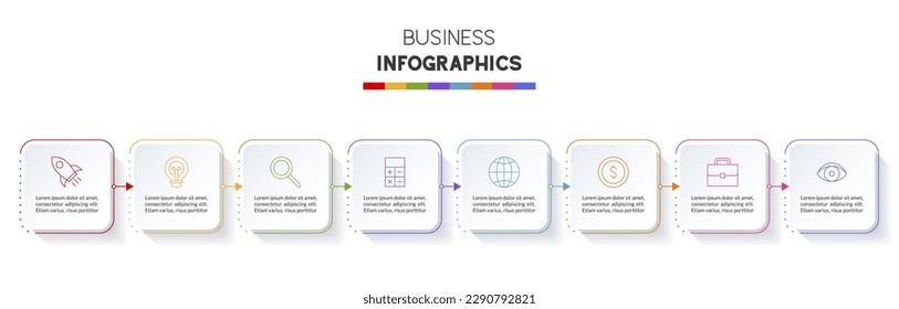 Opciones lineales de 8 o 8 pasos Plantilla de diseño de infografías e iconos. utilizar como diagrama de procesos de flujo de trabajo, presentación de datos empresariales, diseño de línea de tiempo, hito, pancarta, folleto, diagrama de flujo