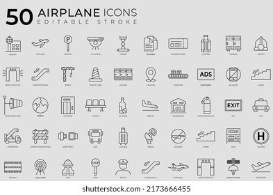 Paquete de iconos de avión lineal. Este paquete incorpora un icono de cincuenta aviones diferentes. Cada icono se puede editar.