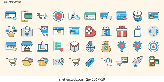 Compras em cores lineares e ícones de comércio eletrônico para varejo online e promoções
