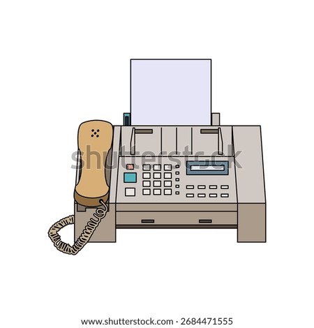 Lineal color vector of a 1990s fax machine with handset and paper, retro office communication equipment illustration.